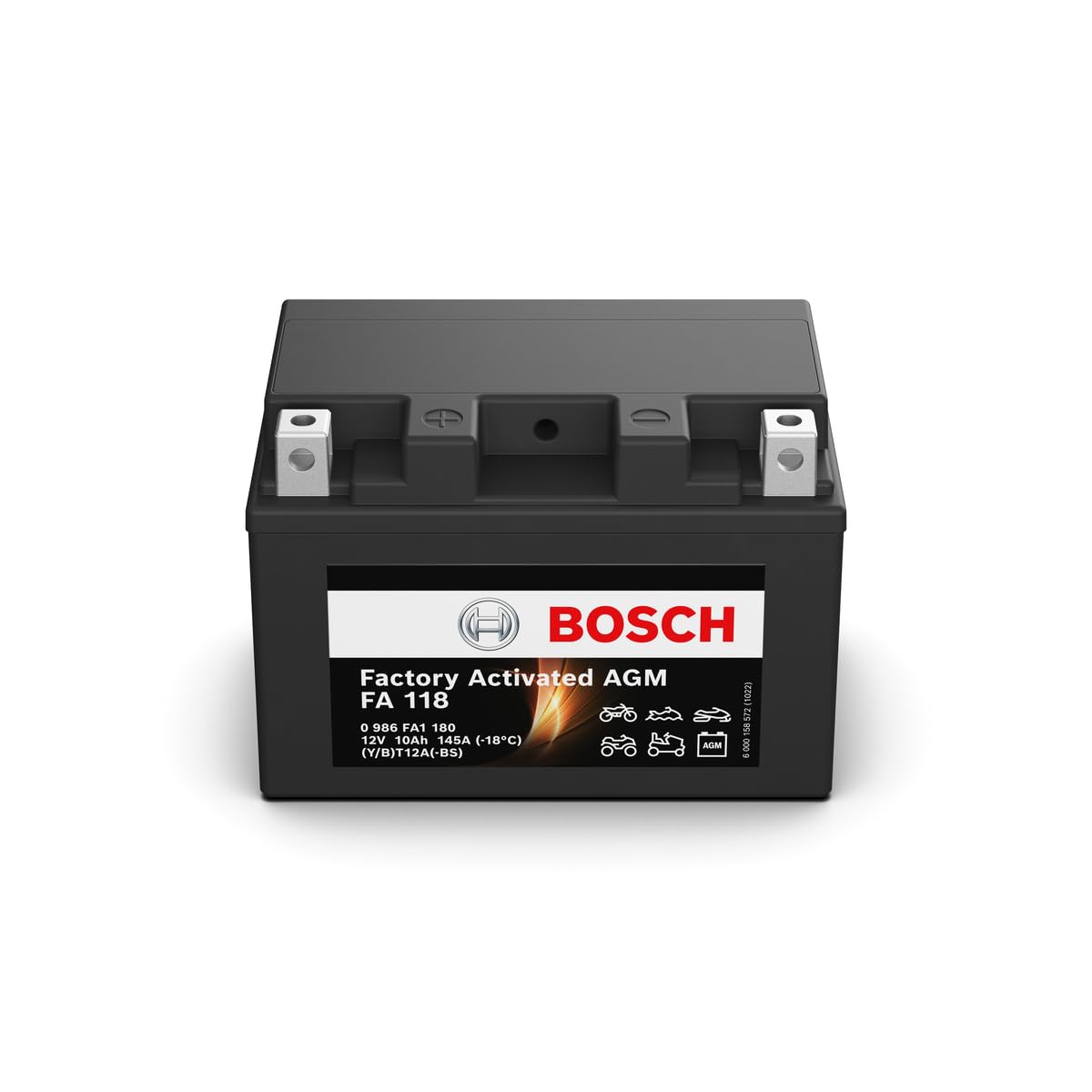 Bosch FA118 - AGM-Motorradbatterie - 12V 145A 10Ah - Geeignet für Motorräder, Motorräder, Enduros, Roller, Quads, Jetskis - Kompatibel M6016, BT12A-BS, BT12A von Bosch Automotive