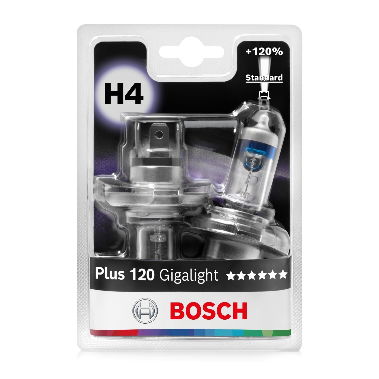Bosch H4 Plus 120 Gigalight Halogen-Glühlampe für Auto-Scheinwerfer, 12 V 60/55 W, 120 % mehr Licht - Lampensockel Typ P43t - 2er-Pack Ersatz-Scheinwerferlampen Bosch H4 Plus 120 Gigalight Halogen-Glühlampe für Auto-Scheinwerfer, 12 V 60/55 W, 120 % mehr Licht - Lampensockel Typ P43t - 2er-Pack Ersatz-Scheinwerferlampen von Bosch Automotive