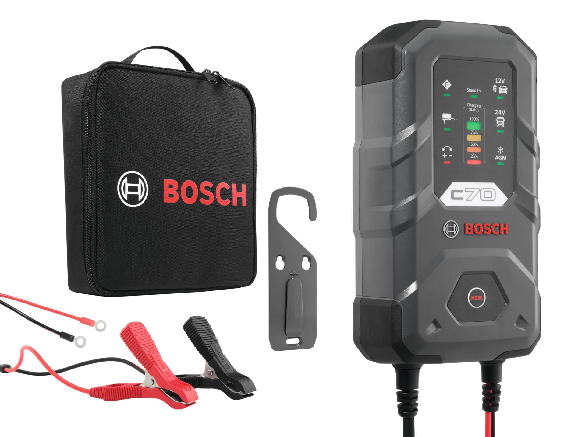 Bosch C70 Kfz-Batterieladegerät, 10 Ampere, mit Erhaltungsfunktion - für 12 V / 24 V Blei-Säure, EFB, GEL, AGM und offene VRLA-Batterien von Bosch Automotive
