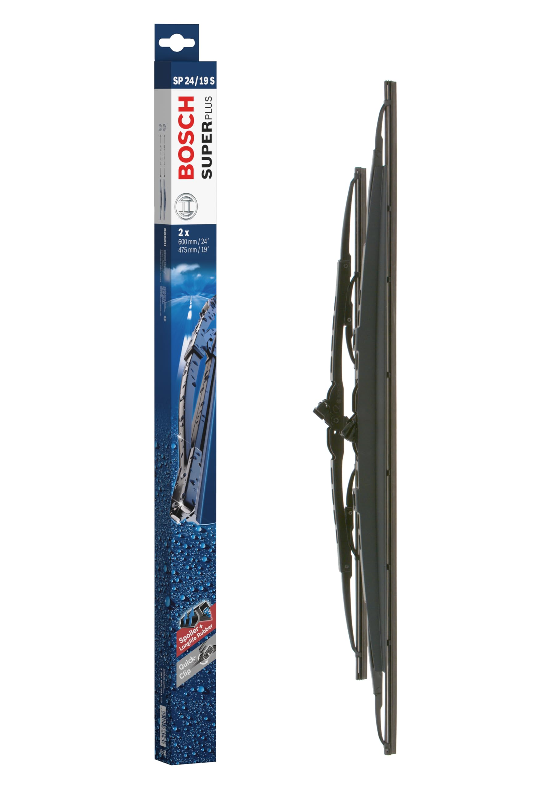 Bosch Scheibenwischer Super Plus Spoiler SP24/19S, Länge: 600mm/475mm − Set für Frontscheibe - Nur für Rechtslenker-Fahrzeuge (UK) von Bosch Automotive