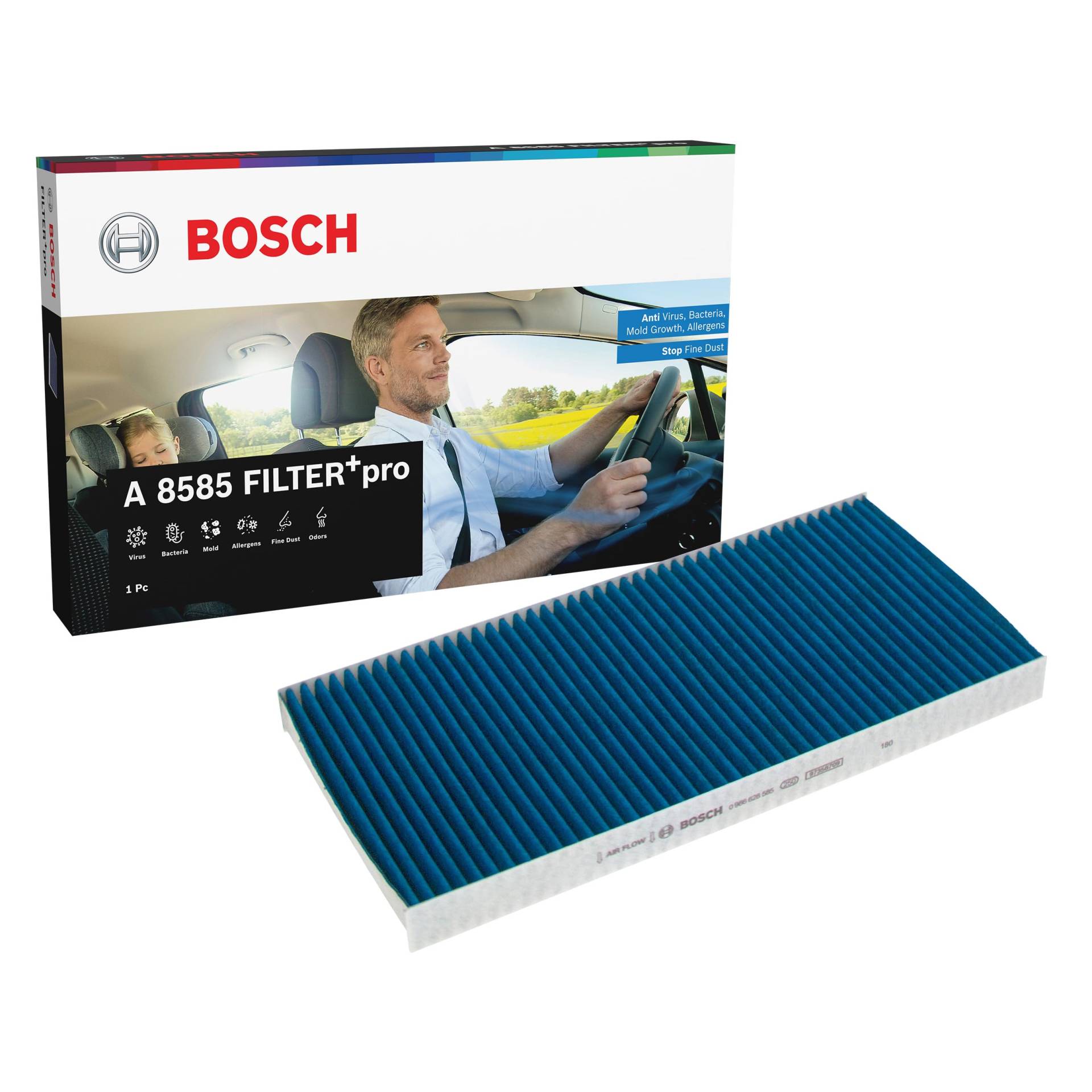 Bosch A8585 - Innenraumfilter FILTER+pro antibakteriell, wirksam gegen übel riechende Gase, Viren, Schimmel, Feinstaub und Allergene von Bosch Automotive