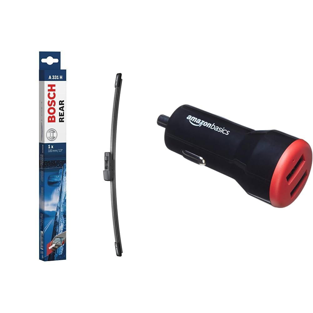 BOSCH Aerotwin Heckwischblatt A331H - Länge 330 mm & Amazon Basics - Kfz-Ladegerät für Apple- & Android-Geräte, USB-Anschluss: 2 Eingänge, 4,8 Ampere / 24 W, Schwarz/Rot von Bosch