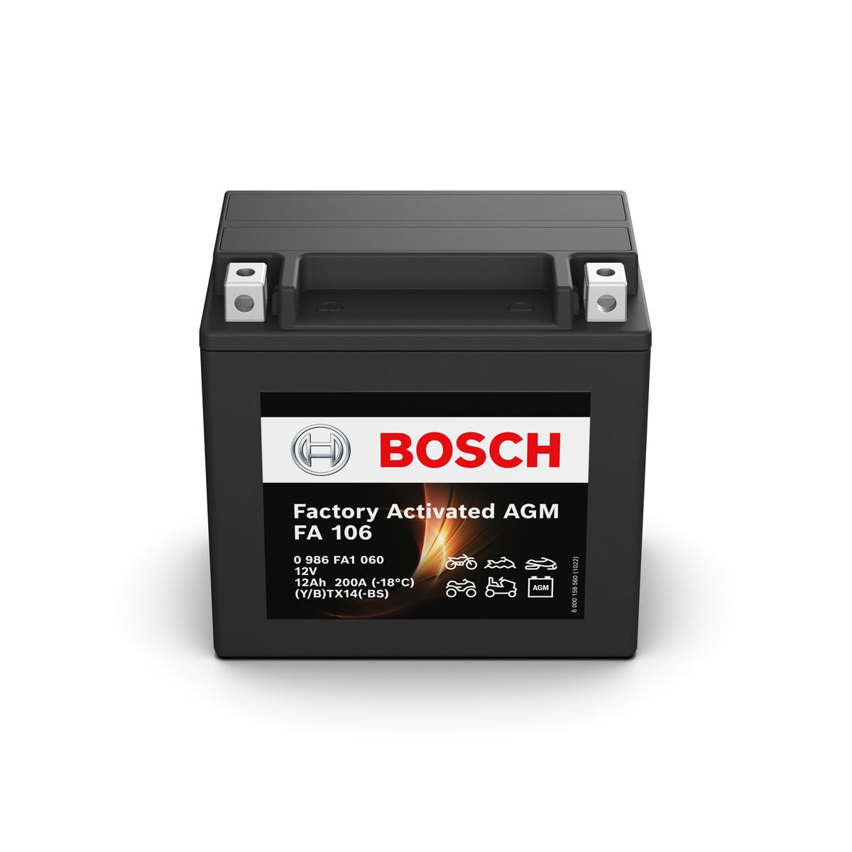 Bosch FA106 - AGM-Motorradbatterie - 12V 200A 12Ah - Geeignet für Motorräder, Motorräder, Enduros, Roller, Quads, Jetskis - Kompatibel M6018, BTX14-BS, BTX14 von Bosch Automotive