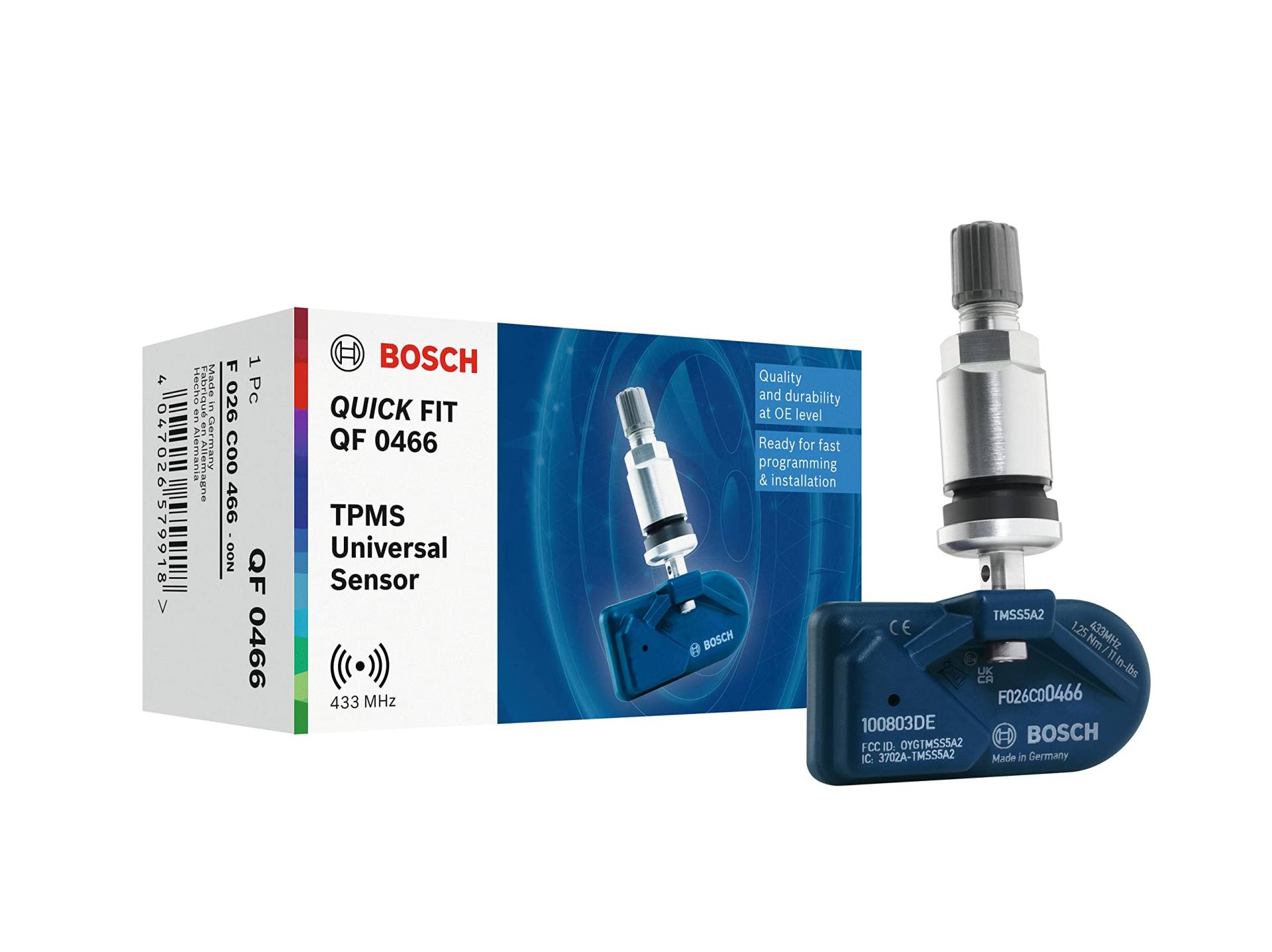 Bosch F026C00466 - QF0466 - Universal QUICK FIT RDKS-Sensor - TPMS Reifendrucksensor mit silberfarbenem Metallventil - 433,92 MHz von Bosch Automotive