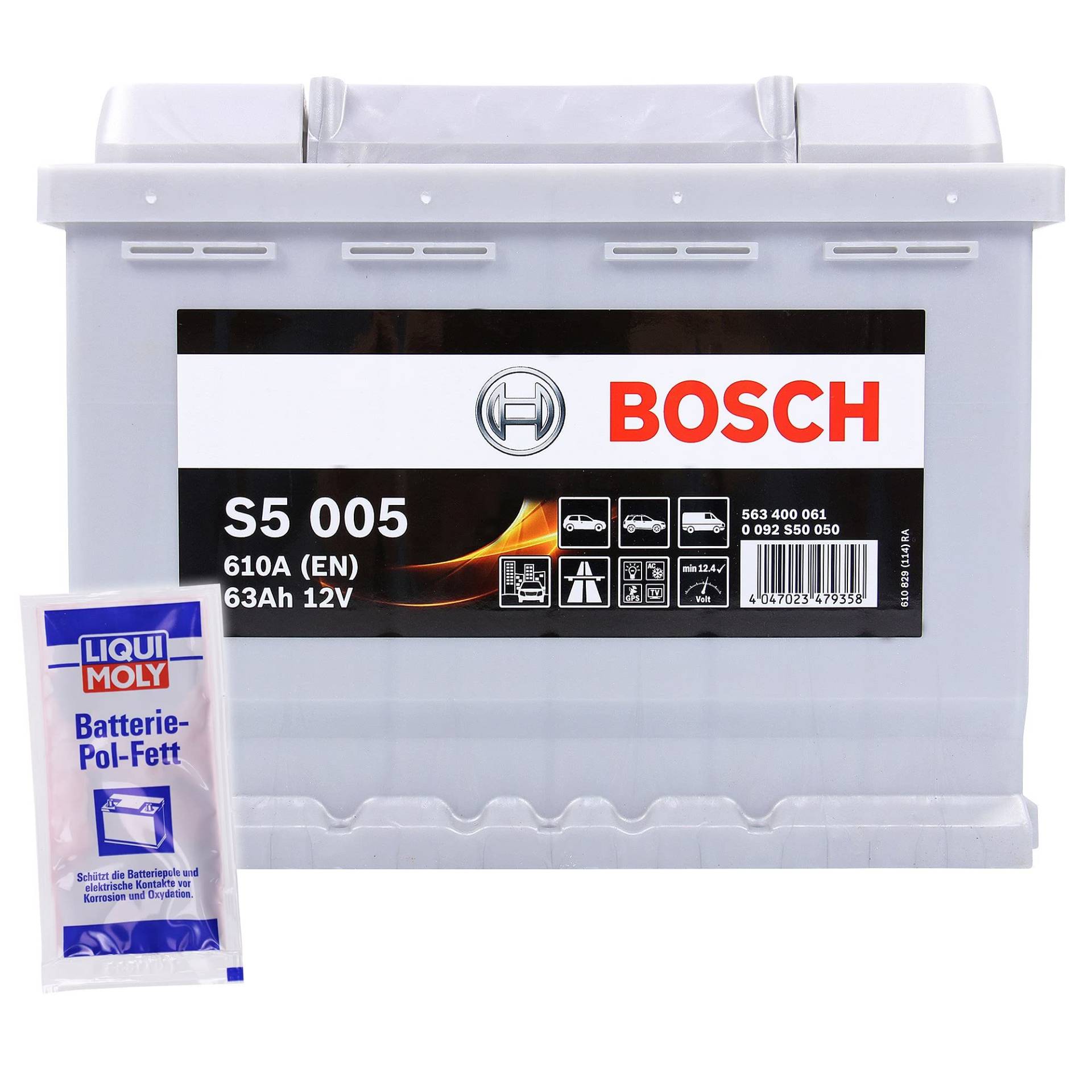 BOSCH S5 005 63Ah 12V 610A AUTOBATTERIE STARTERBATTERIE BATTERIE ERSETZT 58Ah 60Ah 61Ah 62Ah 63Ah + BATTERIE-POLFETT von Bosch