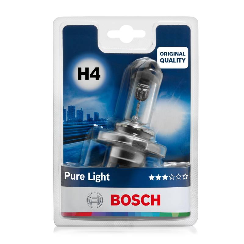 Bosch H4 Pure Light Halogen-Glühlampe für Auto-Scheinwerfer, 12 V 60/55 W, in Originalqualität - Lampensockel Typ P43t - 1 Ersatz-Scheinwerferlampe von Bosch Automotive