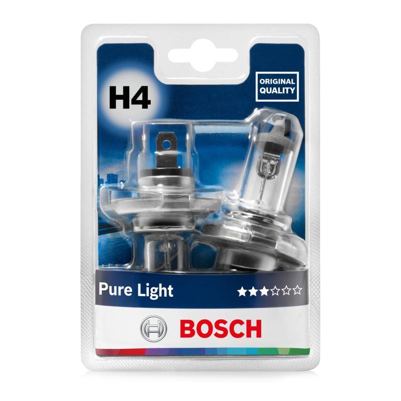 Bosch H4 Pure Light Halogen-Glühlampe für Auto-Scheinwerfer, 12 V 60/55 W, in Originalqualität - Lampensockel Typ P43t - 2er-Pack Ersatz-Scheinwerferlampen von Bosch Automotive