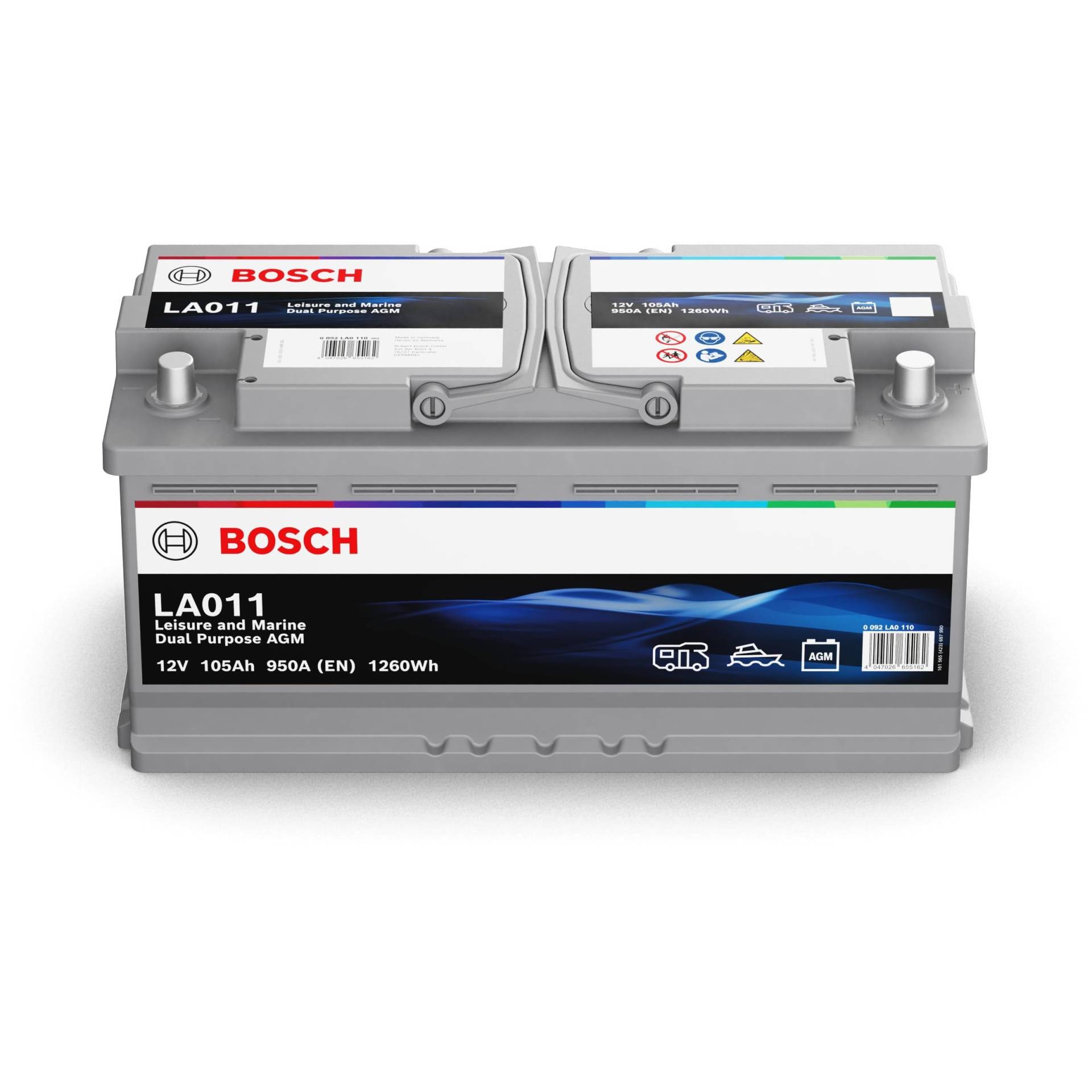 Bosch LA011 105 Ah 950 A 12 V AGM-Technologie Langzeitentladung Starterbatterie für den Einsatz auf dem Wasser und der Freizeit (Wohnmobil, Wohnwagen, Marine usw.) von Bosch Automotive