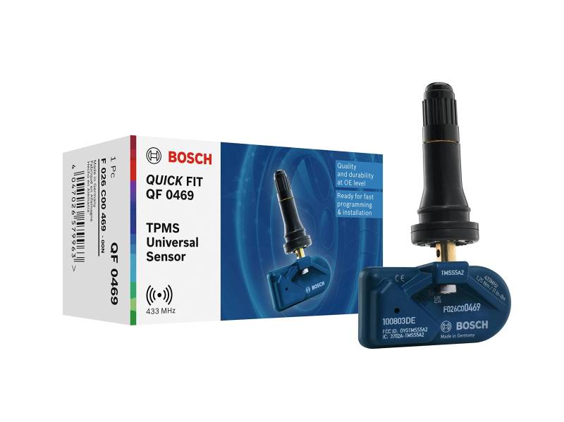 Bosch F026C00469 - QF0469 - Universal QUICK FIT RDKS-Sensor - TPMS Reifendrucksensor mit schwarzem Gummiventil - 433,92 MHz von Bosch Automotive