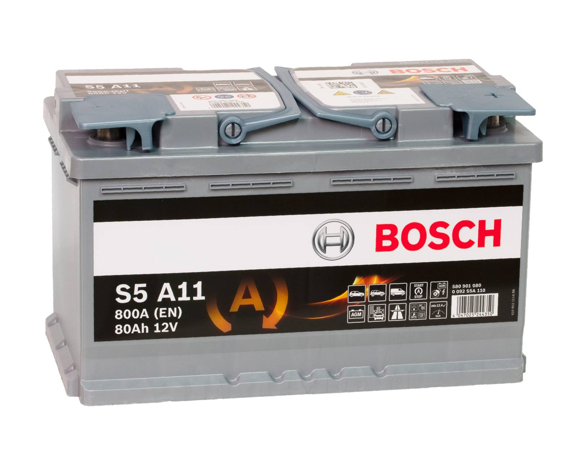 Bosch S5A11 - Autobatterie - 80A/h - 800A - AGM-Technologie - angepasst für Fahrzeuge mit Start/Stopp-System, Grau, 315 x 175 x 190 mm von Bosch Automotive
