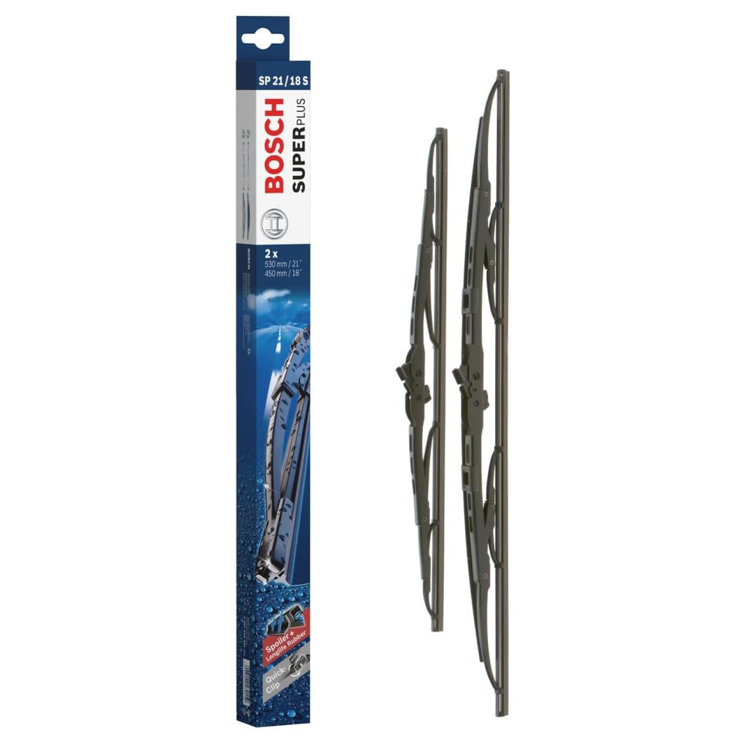 Bosch SuperPlus Spoiler SP21/18S Front-Scheibenwischer - Set mit 2 Ersatz-Scheibenwischern und vormontiertem Quick-Clip-Adapter - 2 Wischblätter, 530 mm und 450 mm Bosch SuperPlus Spoiler SP21/18S Front-Scheibenwischer - Set mit 2 Ersatz-Scheibenwischern und vormontiertem Quick-Clip-Adapter - 2 Wischblätter, 530 mm und 450 mm von Bosch Automotive