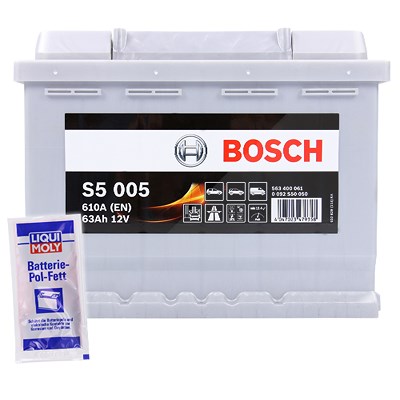 Bosch Starterbatterie S5 005 63Ah 610A 12V + 10g Pol-Fett [Hersteller-Nr. 0092S50050] für Abarth, Alfa Romeo, Alpina, Alpine, Audi, Austin, Bentley, B von Bosch