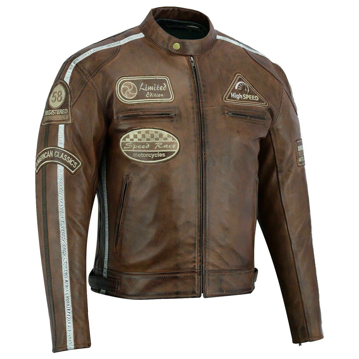 Bosmoto Herren Retro Biker Lederjacke Motorrad Jacke Race Streifen Rockerjacke Chopper 3XL von Bosmoto