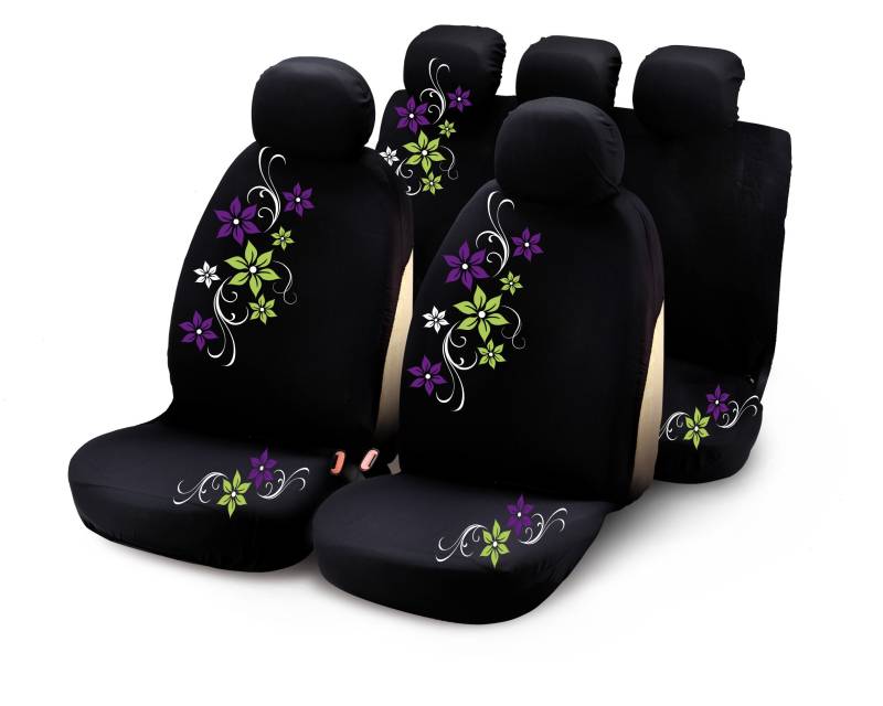 Bottari 29015 Sitzbezüge My Star mit grünen und violetten Blumen, 9 Teile, Schwarz von Bottari
