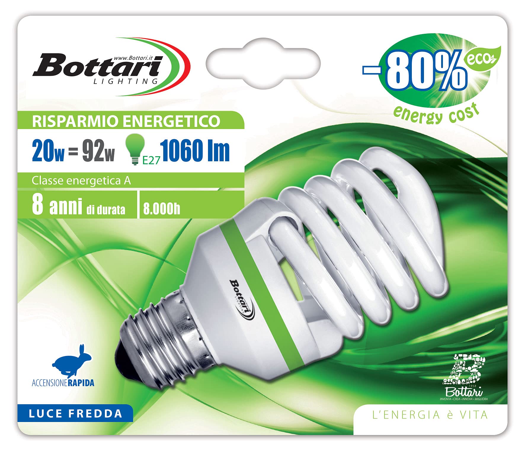 Bottari Lighting 97025, grüne Energie sparen, Standard-Lampe E27, Modell Spiral, 92 W von Bottari