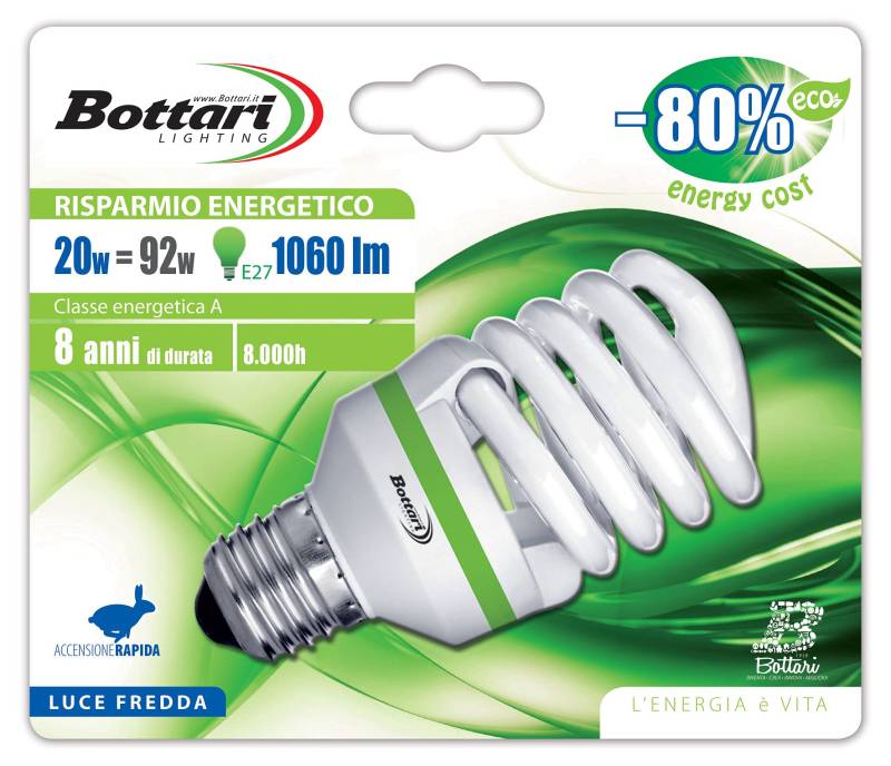 Bottari Lighting 97025, grüne Energie sparen, Standard-Lampe E27, Modell Spiral, 92 W von Bottari