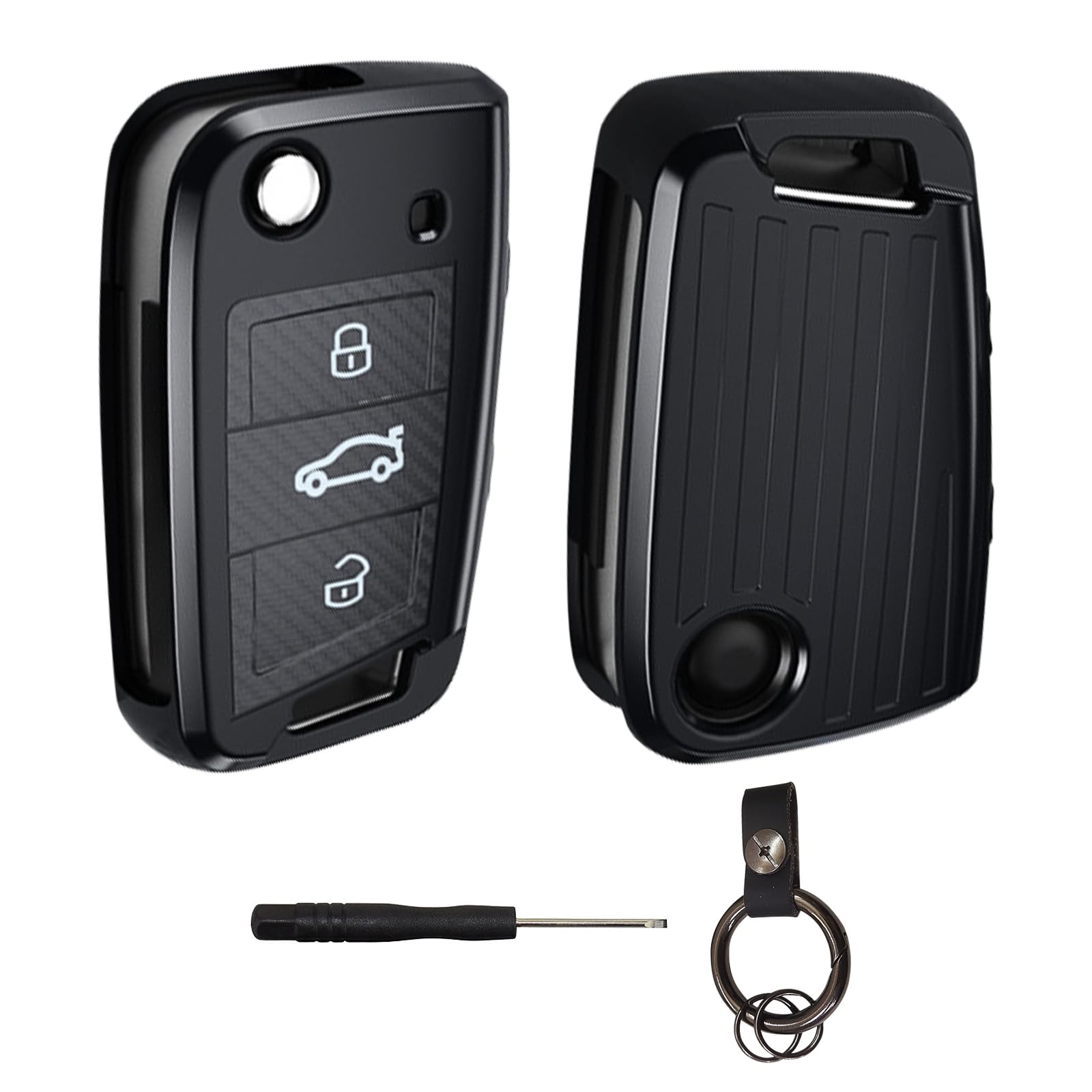 Autoschlüssel Hülle 3 Tasten Kompatibel mit VW Golf 7 Polo MK7 Skoda Octavia Tiguan A7 Seat Schlüsselhülle Schwarz Silikon Schlüssel Cover Schutz Schlüsselschutz Schlüsselcover mit Schlüsselanhänger von BouGPeng