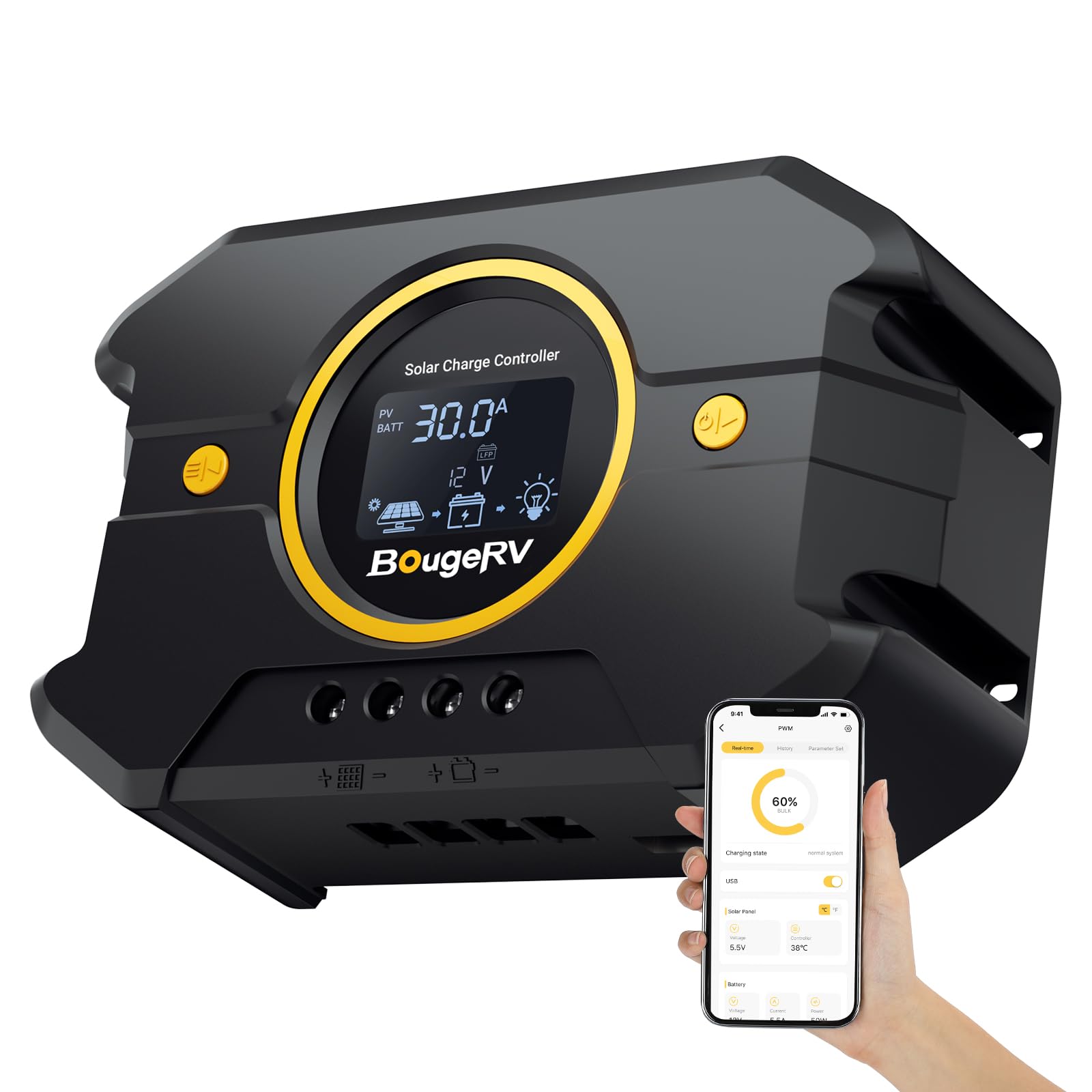 BougeRV Li 30A PWM Solar Charge Controller 12V 24V, with Backlit Display, USB Port, Negative Ground Battery Intelligent Regulator for Solar Panels Compatible with LFP, AGM, SLD, FLA, for RV, Off-Gird BougeRV Li 30A PWM Solar Charge Controller 12V 24V, with Backlit Display, USB Port, Negative Ground Battery Intelligent Regulator for Solar Panels Compatible with LFP, AGM, SLD, FLA, for RV, Off-Gird von BougeRV