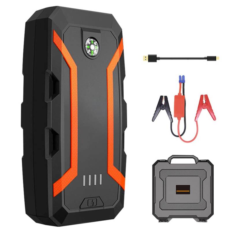 2000A Starthilfe Power Pack Auto Zubehör für 12V Fahrzeuge, 6.0L Gas und 4.0L Diesel Motoren, Autobatterie Booster Starthilfe mit Schnellladung Dual USB, LED Taschenlampe, Kompass von Bouncy