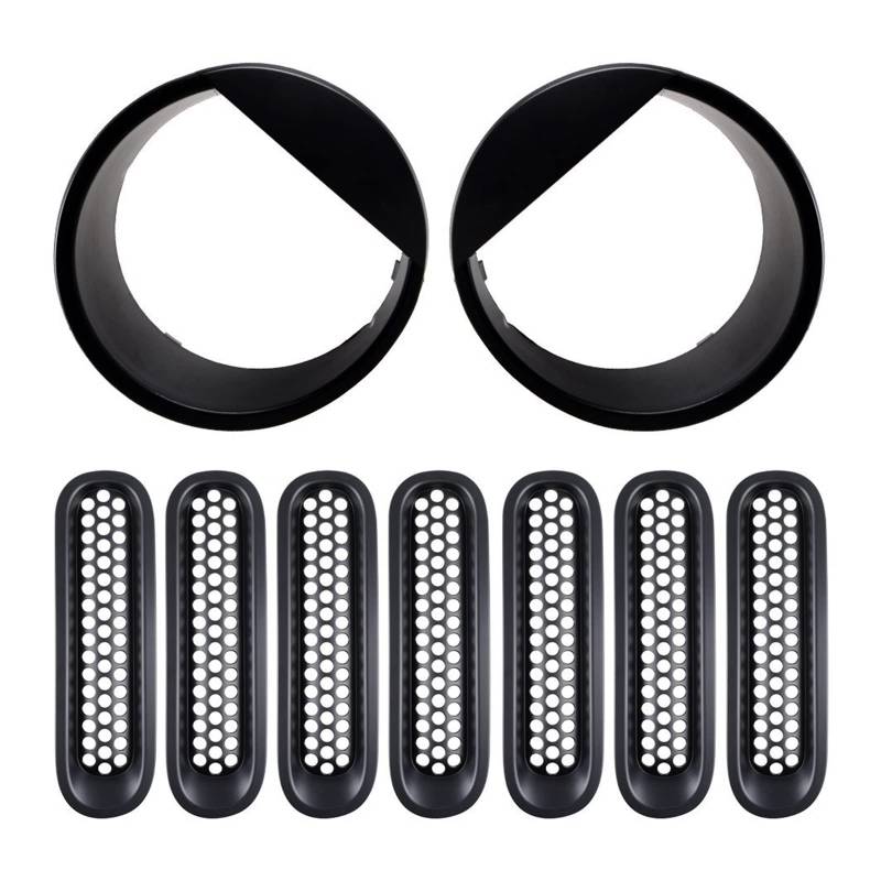 Für Jeep Für Wrangler JK Kühlergrill Netzeinsätze & Scheinwerferabdeckung 2007 2008 2009 2010 2011 2012 2013 2014 2015 2016 2017 2018 Kühlergitter Auto Kühlergrill Frontgrill(9pcs Set Black) von Bpjikxf