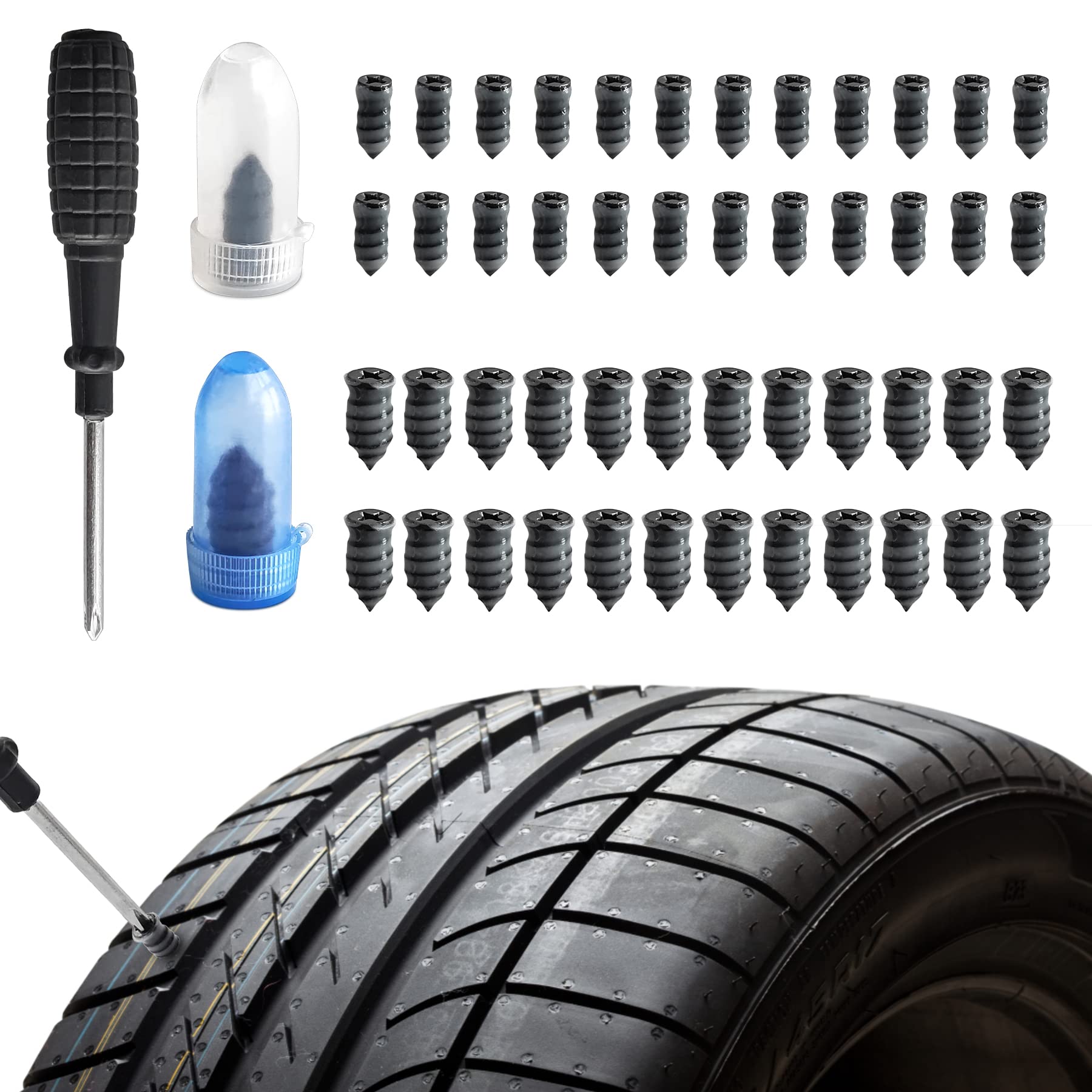 Brelet 50-teiliges Vakuum-Reifen-Reparatur-Set, Gummi-Reifen-Reparatur-Set, gewickelte Gumminägel, inklusive Schraubendreher, für Autos, Motorräder, LKWs und Fahrräder (25S+25L) (25S+25L) von Brelet