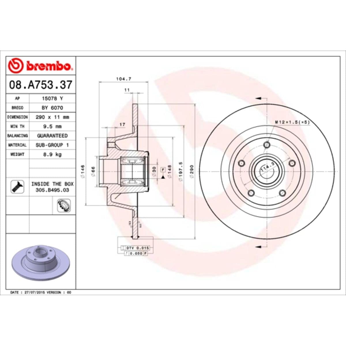 BREMBO 08.A753.37 Bremsscheiben, Set of 2 von Brembo