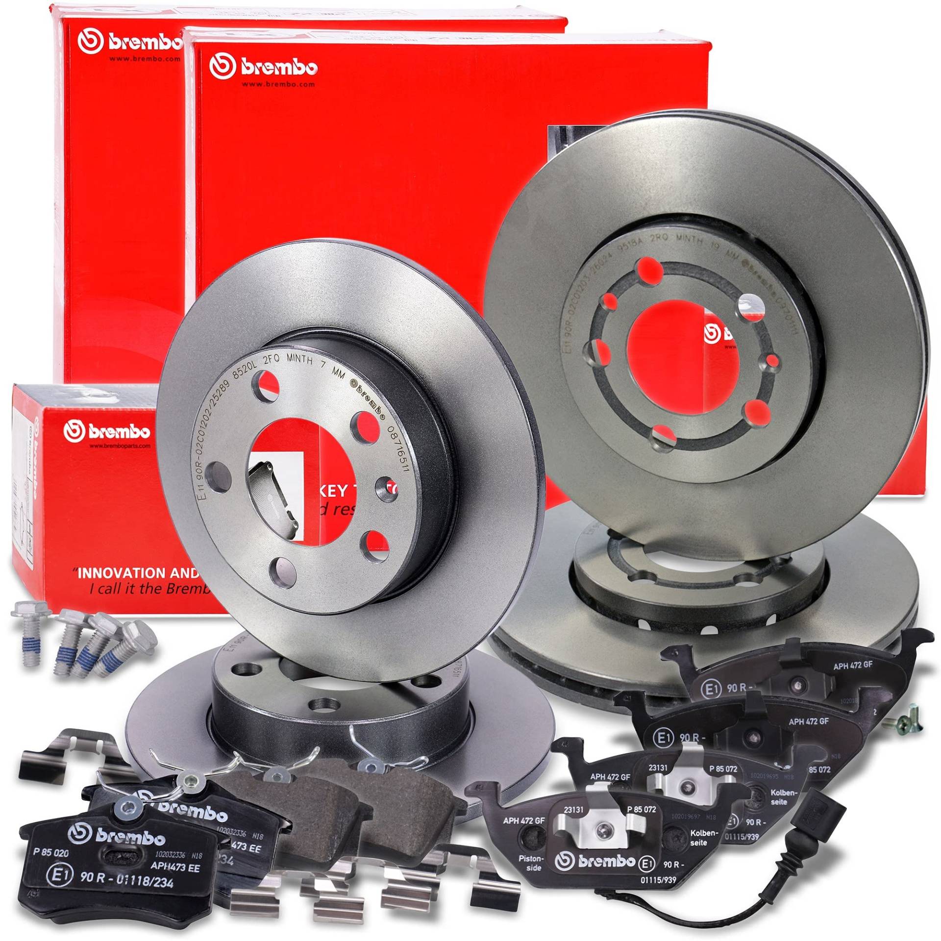 BREMBO Coated Disc Line Bremsenset inkl. Bremsscheiben Vorne Ø 256 mm Belüftet + Hinten Ø 230 mm Voll + Bremsbeläge Vorne und Hinten + Verschleißkontakt von Brembo