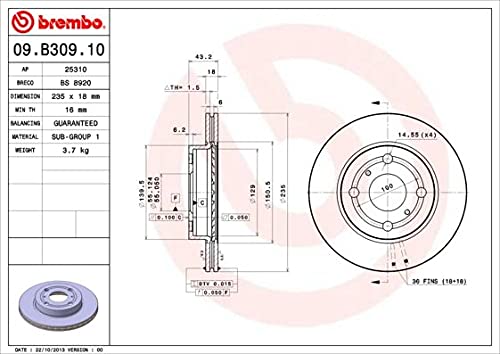 Brembo 09.B309.10 Vordere Bremsscheibe, Anzahl 2 Brembo 09.B309.10 Vordere Bremsscheibe, Anzahl 2 von Brembo