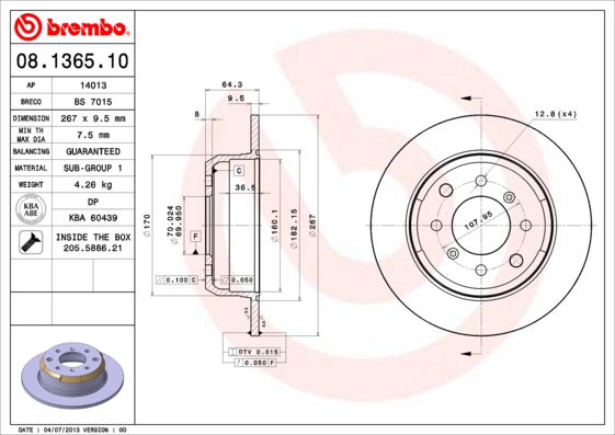 Bremsscheibe Hinterachse Brembo 08.1365.10 Bremsscheibe Hinterachse Brembo 08.1365.10 von Brembo