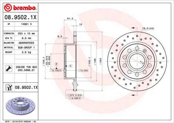 Bremsscheibe Hinterachse Brembo 08.9502.1X Bremsscheibe Hinterachse Brembo 08.9502.1X von Brembo