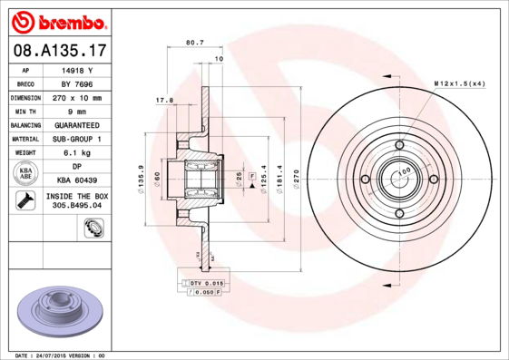 Bremsscheibe Hinterachse Brembo 08.A135.17 Bremsscheibe Hinterachse Brembo 08.A135.17 von Brembo