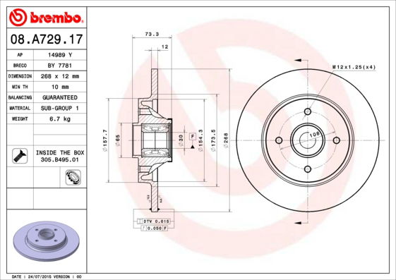 Bremsscheibe Hinterachse Brembo 08.A729.17 Bremsscheibe Hinterachse Brembo 08.A729.17 von Brembo