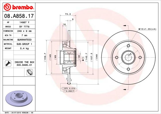 Bremsscheibe Hinterachse Brembo 08.A858.17 Bremsscheibe Hinterachse Brembo 08.A858.17 von Brembo