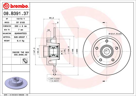 Bremsscheibe Hinterachse Brembo 08.B391.37 von Brembo