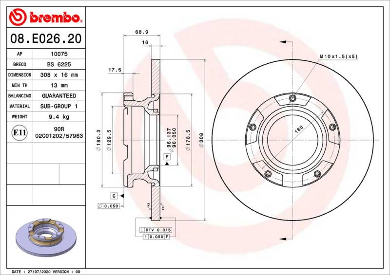 Bremsscheibe Hinterachse Brembo 08.E026.20 von Brembo