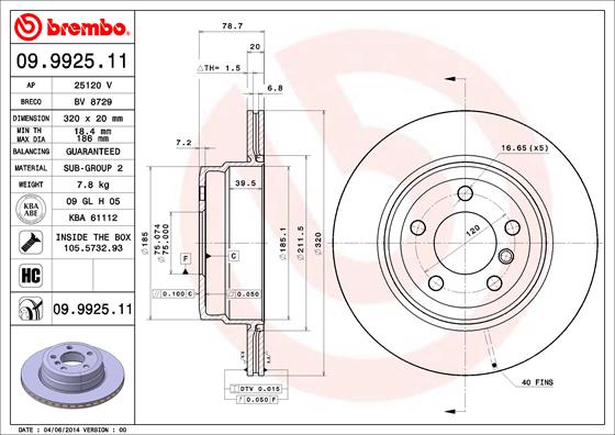 Bremsscheibe Hinterachse Brembo 09.9925.11 von Brembo