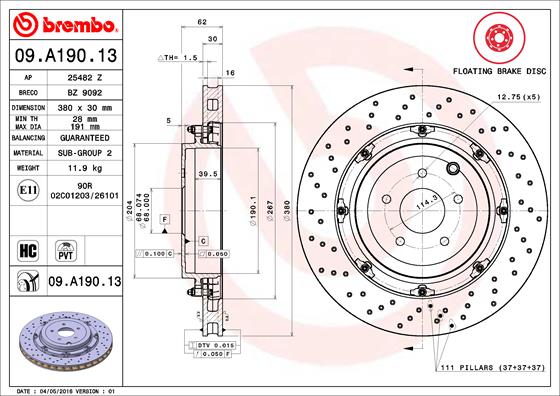Bremsscheibe Hinterachse Brembo 09.A190.13 Bremsscheibe Hinterachse Brembo 09.A190.13 von Brembo