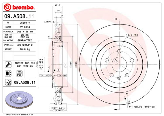 Bremsscheibe Hinterachse Brembo 09.A508.11 Bremsscheibe Hinterachse Brembo 09.A508.11 von Brembo