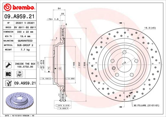 Bremsscheibe Hinterachse Brembo 09.A959.21 von Brembo