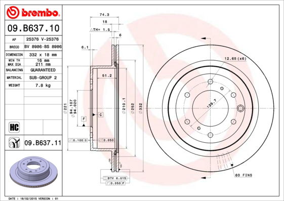 Bremsscheibe Hinterachse Brembo 09.B637.11 von Brembo