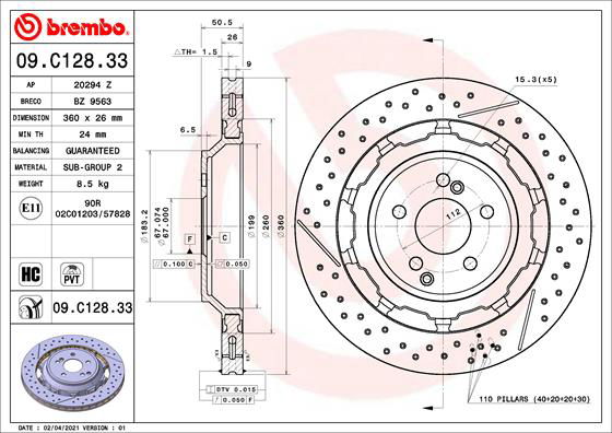 Bremsscheibe Hinterachse Brembo 09.C128.33 von Brembo