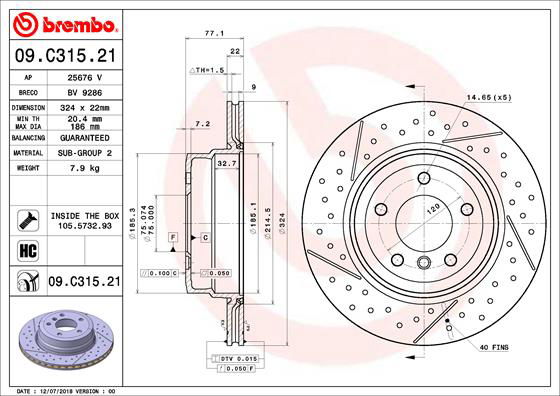 Bremsscheibe Hinterachse Brembo 09.C315.21 von Brembo