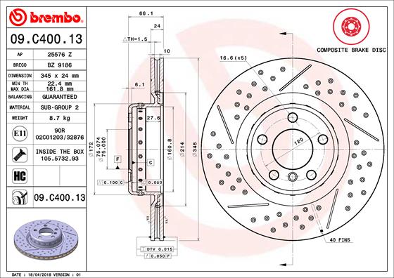 Bremsscheibe Hinterachse Brembo 09.C400.13 von Brembo