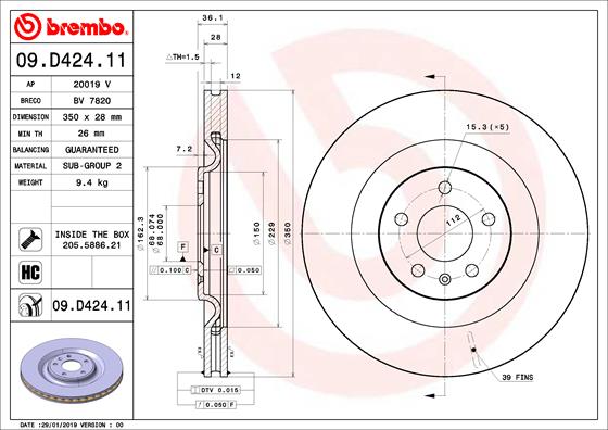 Bremsscheibe Hinterachse Brembo 09.D424.11 Bremsscheibe Hinterachse Brembo 09.D424.11 von Brembo