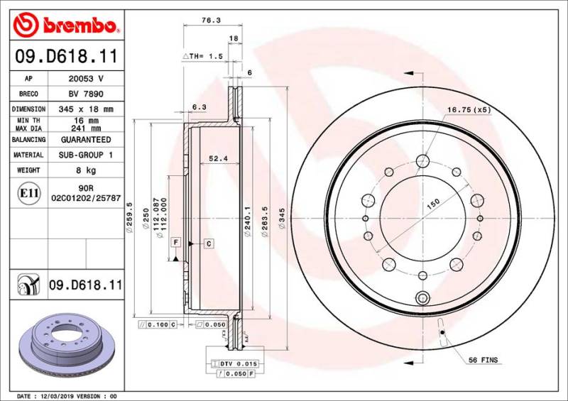 Bremsscheibe Hinterachse Brembo 09.D618.11 von Brembo