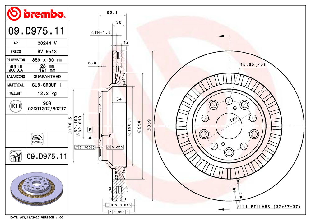 Bremsscheibe Hinterachse Brembo 09.D975.11 Bremsscheibe Hinterachse Brembo 09.D975.11 von Brembo