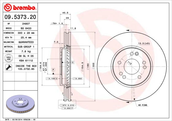 Bremsscheibe Vorderachse Brembo 09.5373.20 Bremsscheibe Vorderachse Brembo 09.5373.20 von Brembo