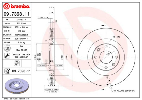 Bremsscheibe Vorderachse Brembo 09.7398.11 Bremsscheibe Vorderachse Brembo 09.7398.11 von Brembo