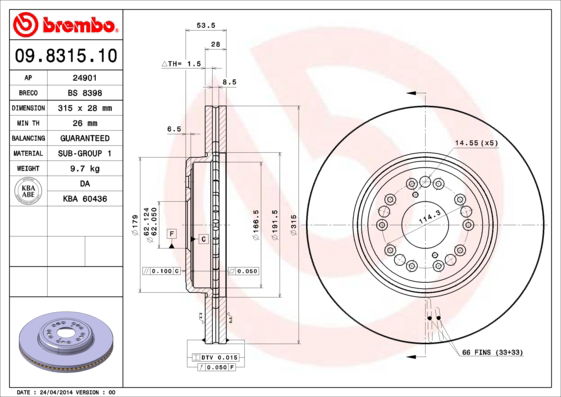 Bremsscheibe Vorderachse Brembo 09.8315.10 von Brembo