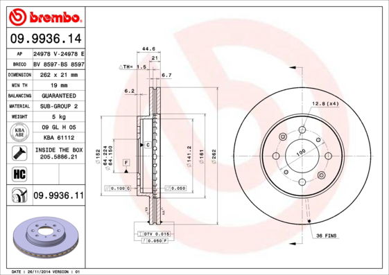 Bremsscheibe Vorderachse Brembo 09.9936.11 von Brembo